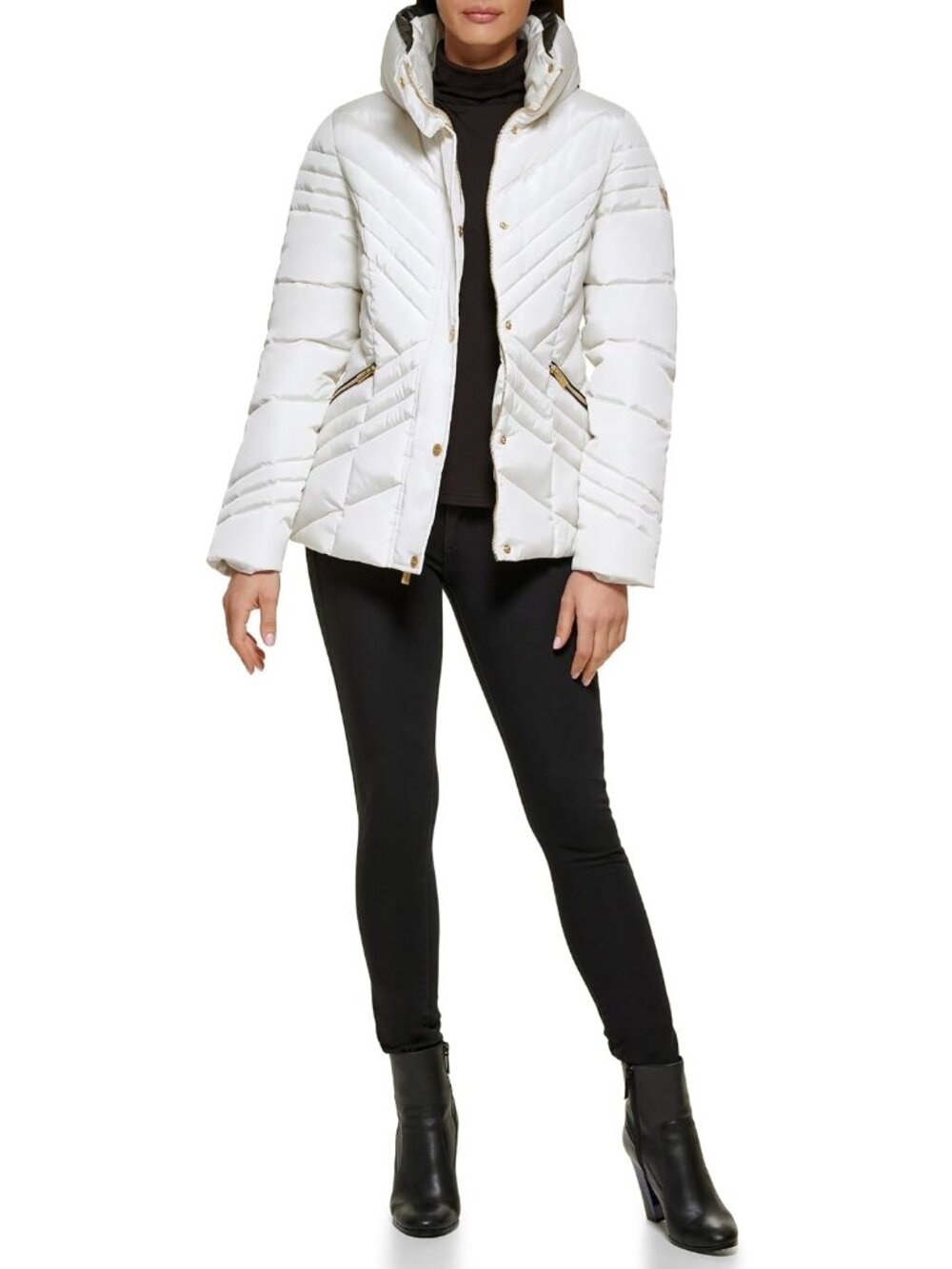 Guess Women's Cold Weather White Midweight Imported Polyester Long Puffer Jacket